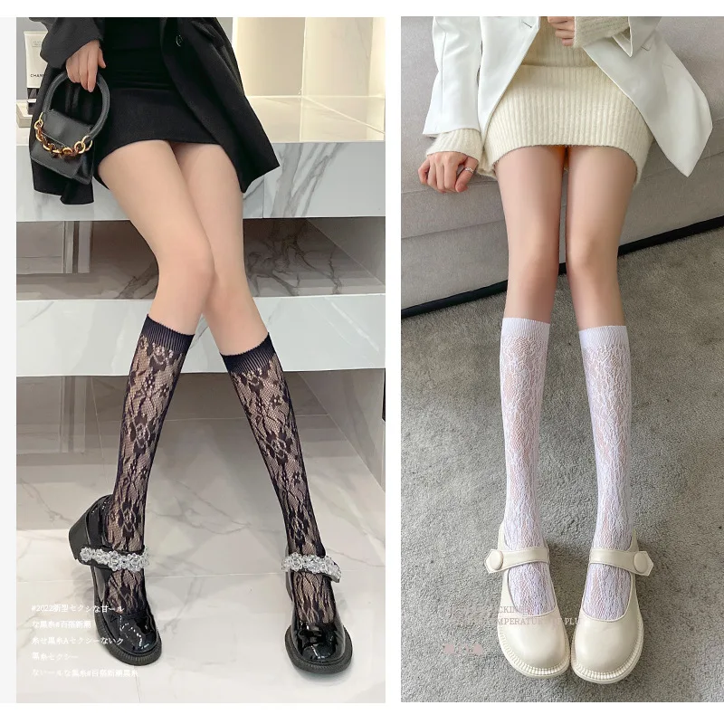 

Lace Flower Print Long Socks Lingerie Sexy Mesh Fishnet High Knee Sock Women Summer Thin Transparent Lolita Kawaii Calf Socks