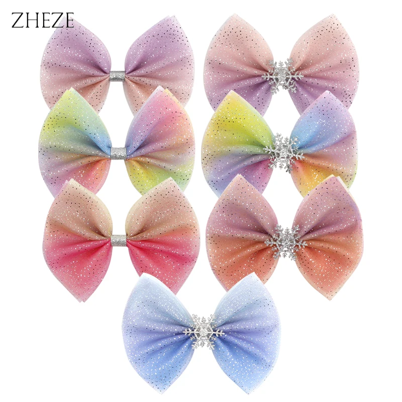 

10Pcs/Lot Chic Snowflake Bow For Girls Decoration Hair Style Headband Rainbow 5IN Barrettes Hairpins Party DIY Hair Accessories