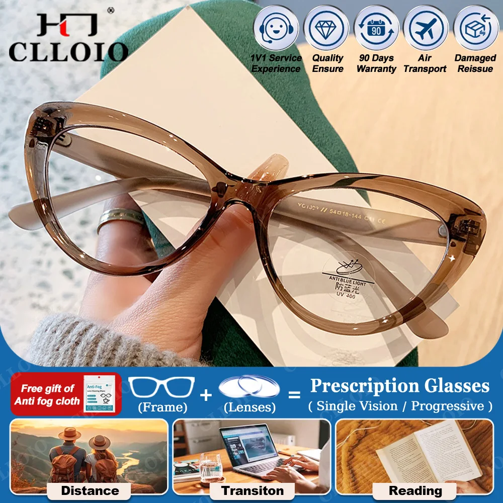 

CLLOIO Simple Design Cat Eye Myopia Optical Prescription Glasses Women Anti Blue Ray Photochromic Progressive Reading Eyeglasses