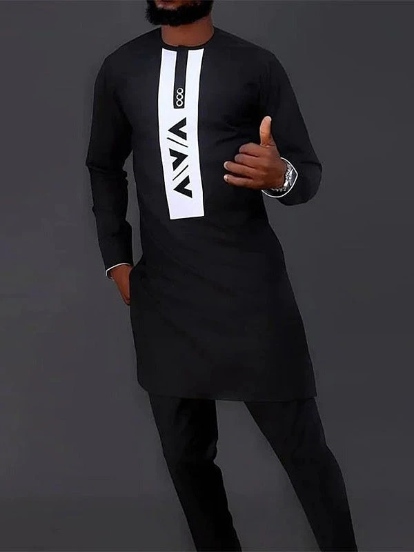 

Men's casual black geometric print two-piece set