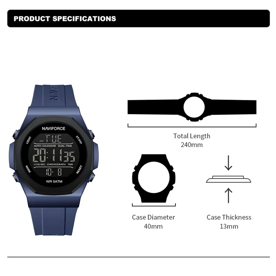 NAVIFORCE Men Sports Wristwatch Multifunction Men\'s Military Digital Watches Waterproof Clock Student Electronic Watch for man