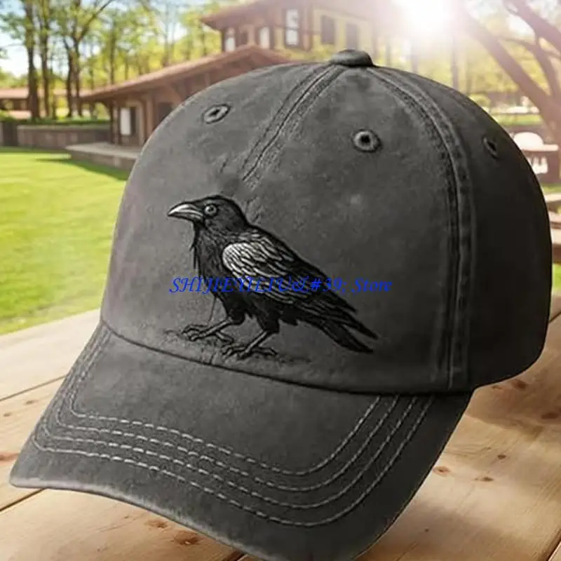 E21F Crow Design Baseball Cap Gothic Adjustable Strap Baseball Hat for Music Festival and Theme Event Gathering Headwear
