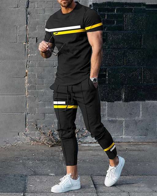 Conjunto masculino de treino de manga curta impresso em 3D, roupas jogger, camisetas e calças casuais, roupas para outono, streetwear, 2 peças