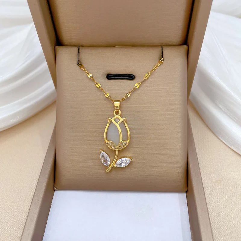 Titanium Steel Tulip Opal Pendant Necklace For Women Luxury Crystal Zircon Flower Collarbone Chain Choker Elegant Charm Jewelry