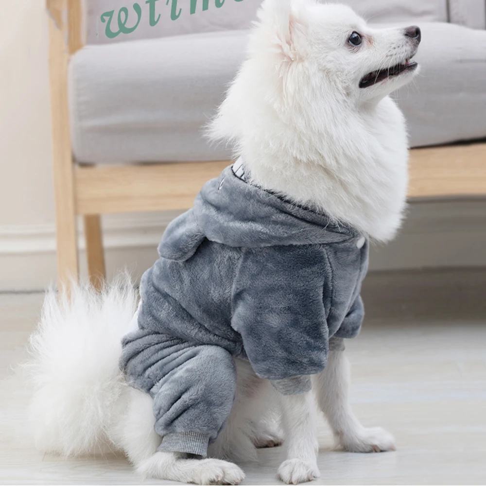 Pet Dog Costume Cozy Outfit Onesie Puppy Flannel Clothes Four Legs Pajama with Hood Thicken Fleece Jumpsuit