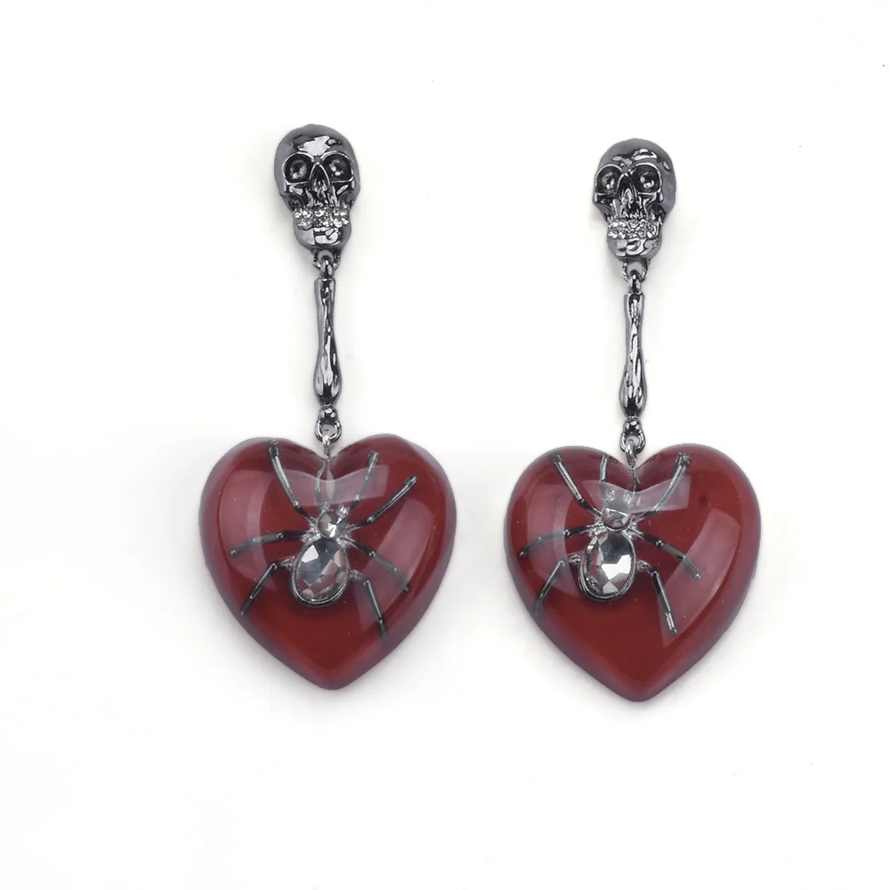 2025 New Wine Red Green White Heart Resin Spider Earrings Women Indian Statement Metal Skull Long Dangle Earrings Jewelry