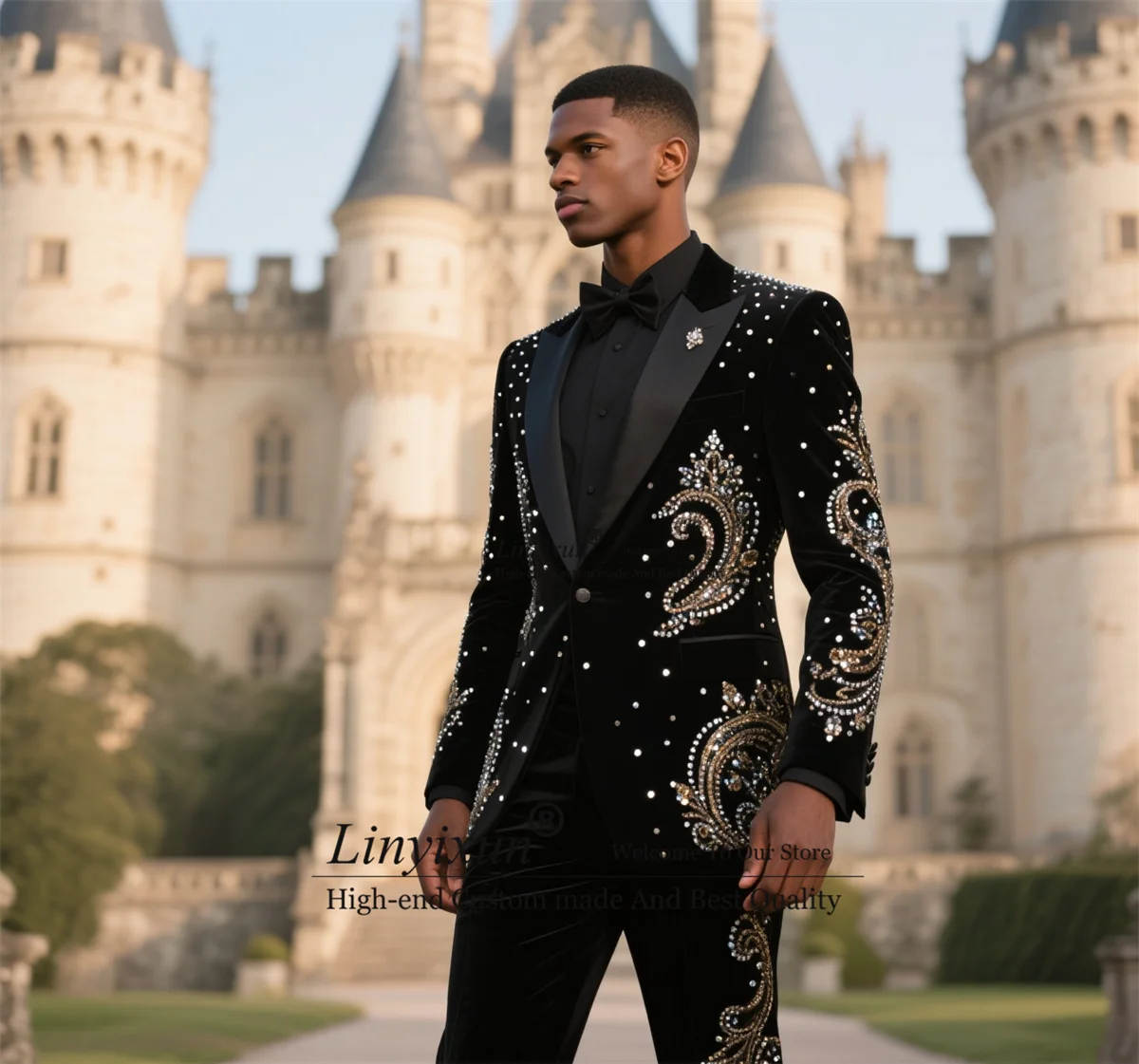 

Spartkly Rhinestones Diamond Tuxedos Men Suits 2 Piece Sets Male Prom Blazers Customized Slim Fit Groom Wedding Costume Homme