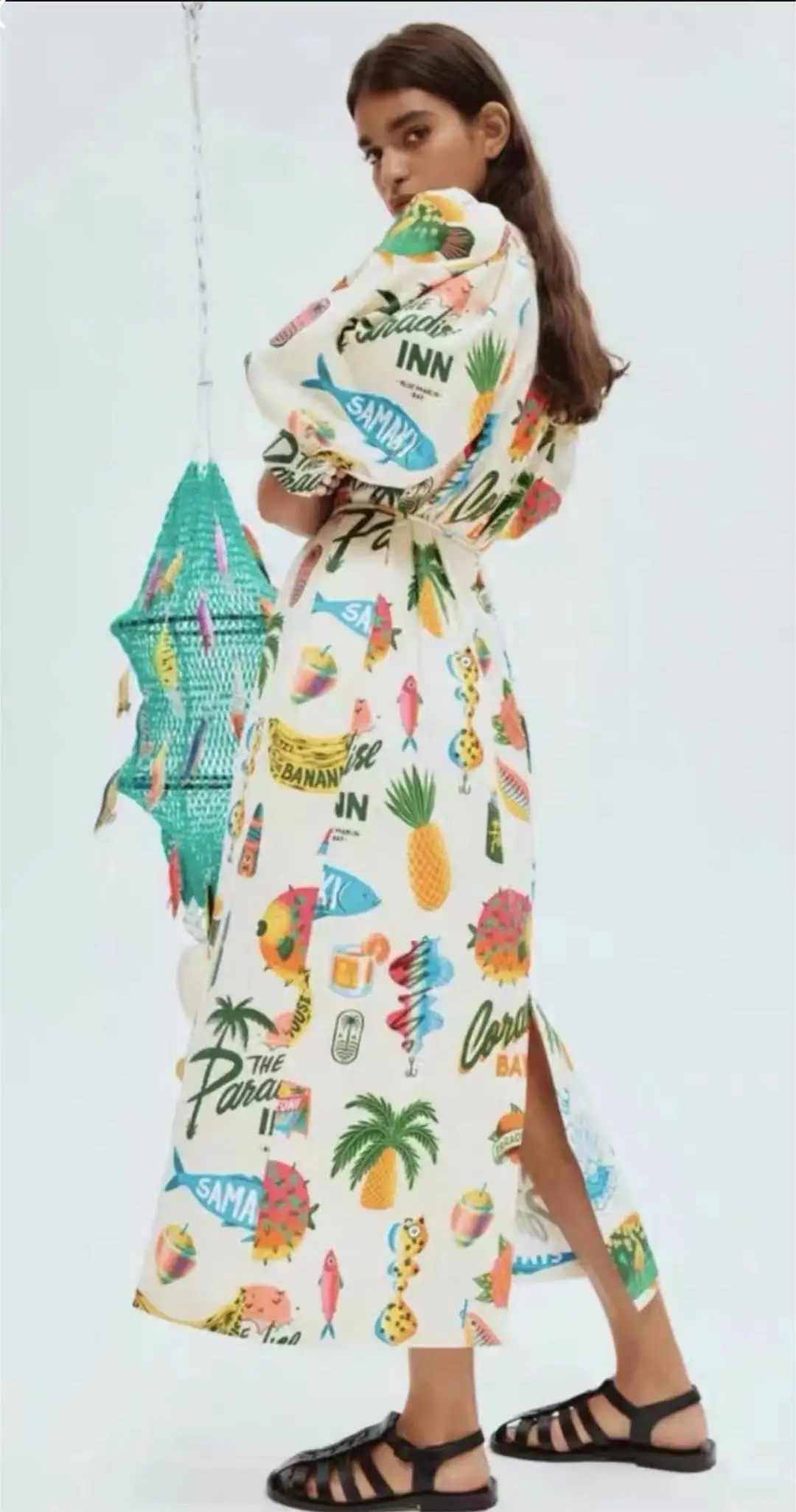 

Summer 2024 new round neck bubble sleeve fruit printed organic cotton retro dress