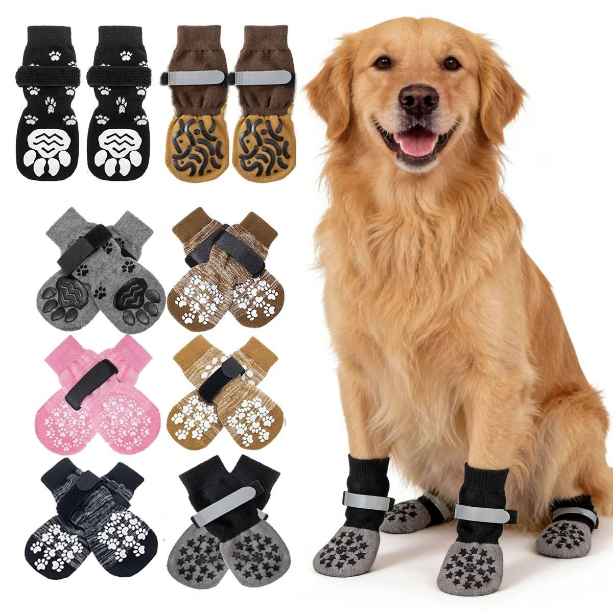4 Pcs Waterproof Anti-slip Dog Socks, Suitable For Dogs & Cats Indoor Outdoor Wear Designed For Don't Like Shoes And Older Pets