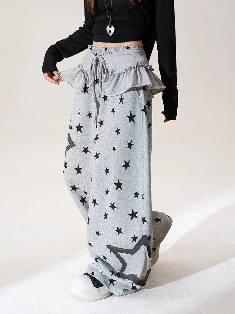 REDDACHiC Hiphop Women Wrap Skirt Sweat Pants Dance Star Print Gray Barrel Elastic Waist Pockets Lounge Pants Y2K Streetwear