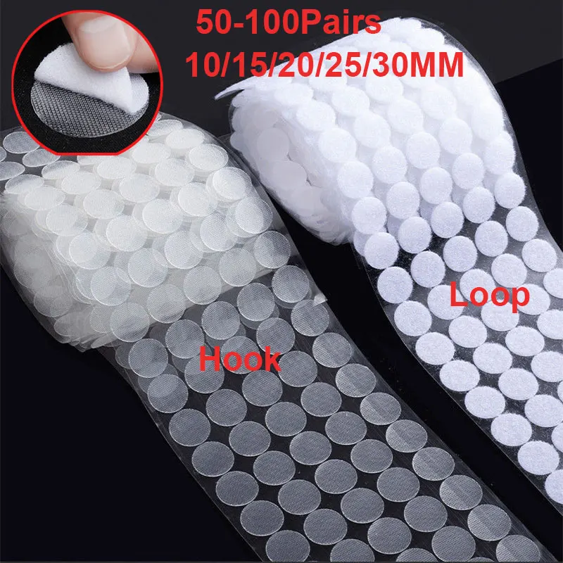 

50-100Pairs Hook Loop Self Adhesive Dots Tapes Nylon Sticky Back Coins Fastener Round Tapes for Home Classroom 10/15/20/25/30mm