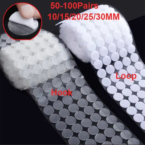 50-100Pairs 후크 루프 자체 접착 도트 테이프 나일론 끈적 뒤로 동전 패스너 홈 교실 용 라운드 테이프 10/15/20/25/30mm