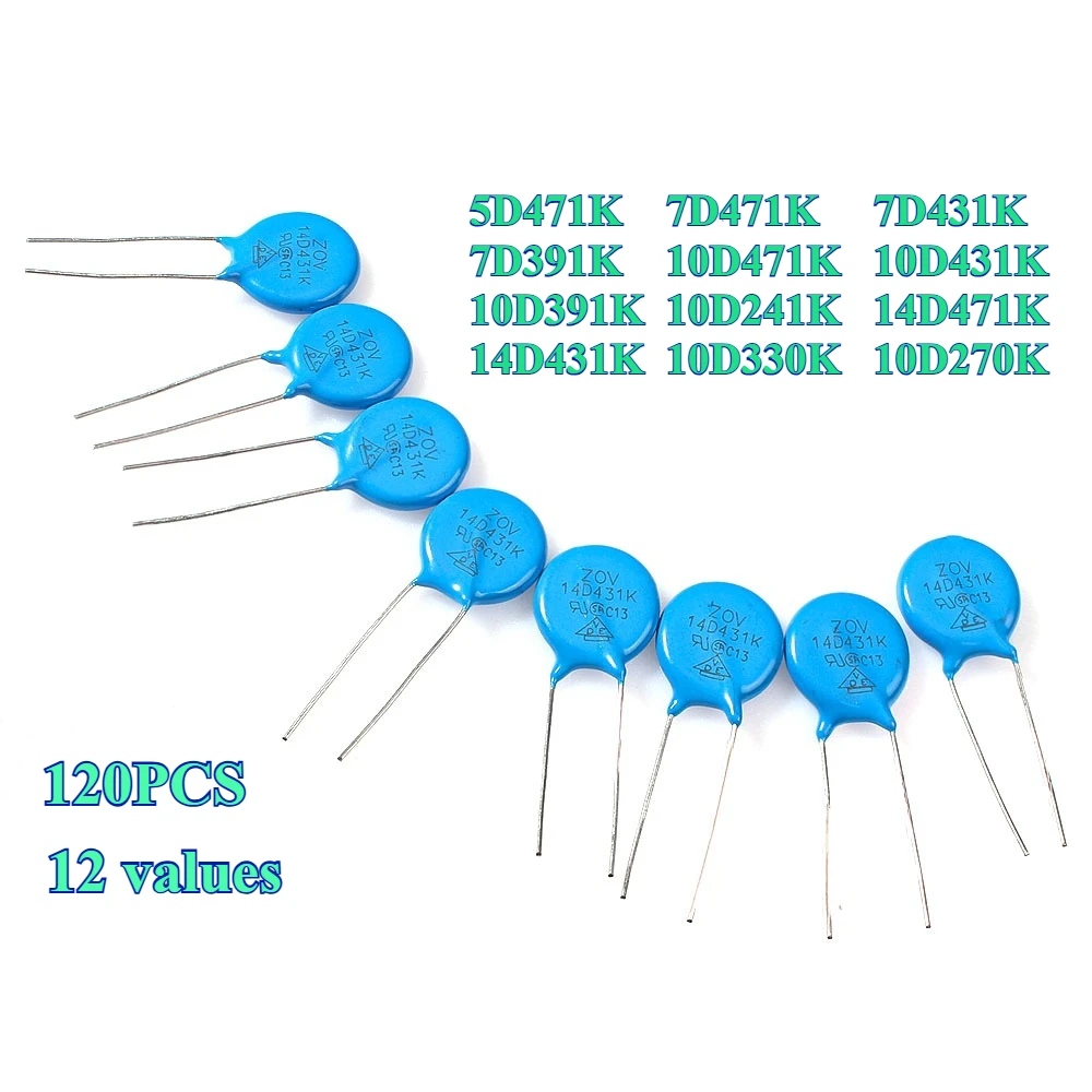 

Набор варисторных резисторов, 120 шт., 5D471K 7D471K 7D431K 7D391K10D471K 10D431K 10D391K 10D241K 14D471K 14D431K 10D330K 10D270K