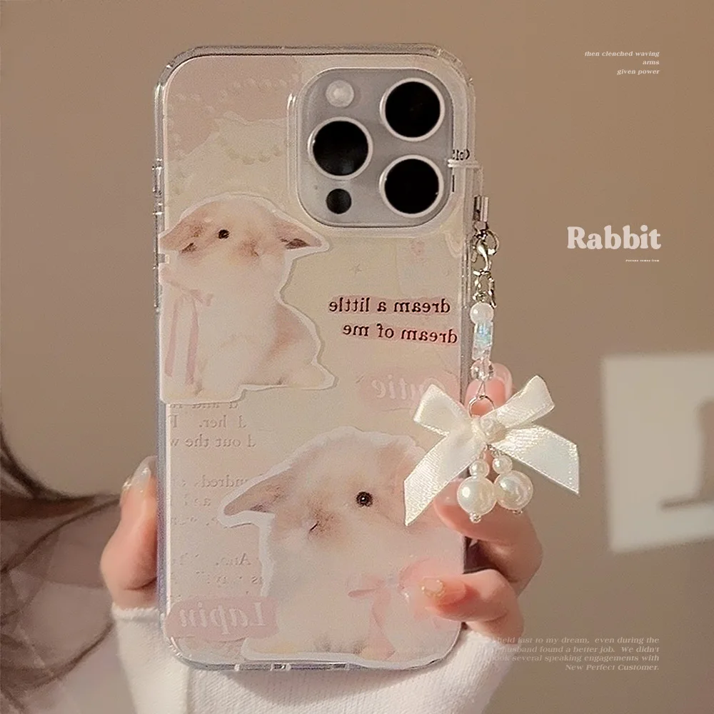 Cartoon rabbit imd phone case cute bunny lovely bow pendant cover for iphone 13 11 12 promax 15 14 pro max plus phone case