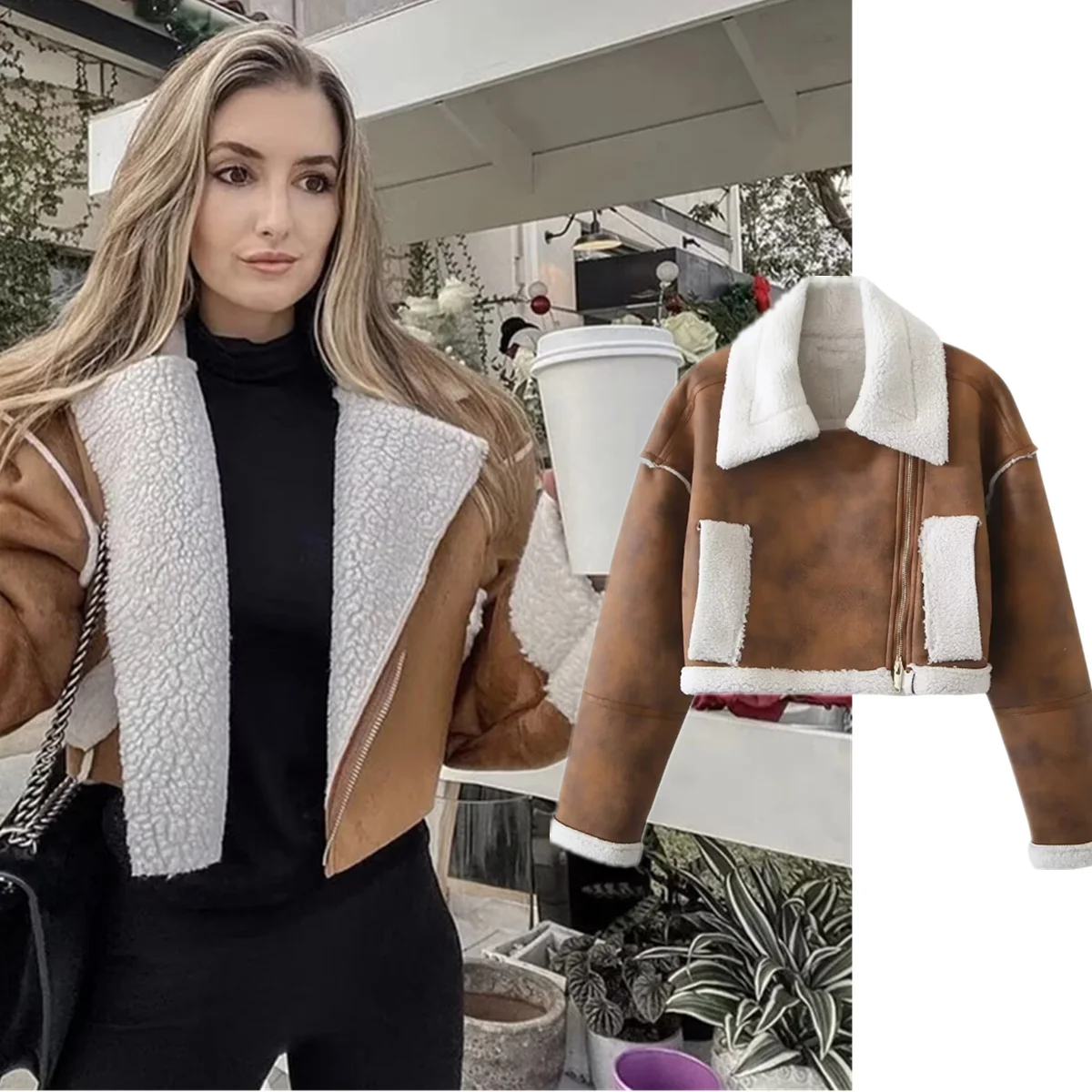 Dave&Di Ins Fashion Blogger French Vintage Contrast Color Autumn And Winter Women's Jacket Suede Lamb Fur Coat Women Top