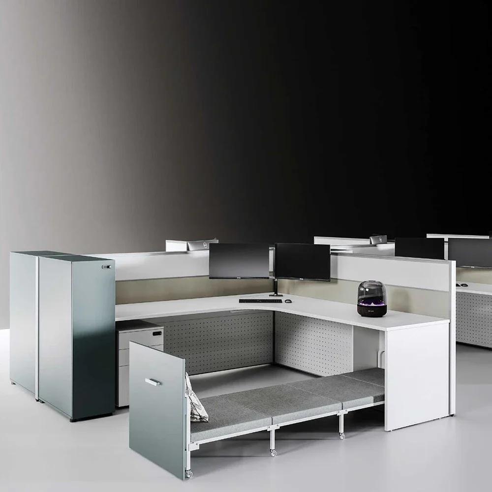 2026 Modern White Office Desk with Cabinet and Folding Bed Contemporary Workstation with Clear Partition Cubicles