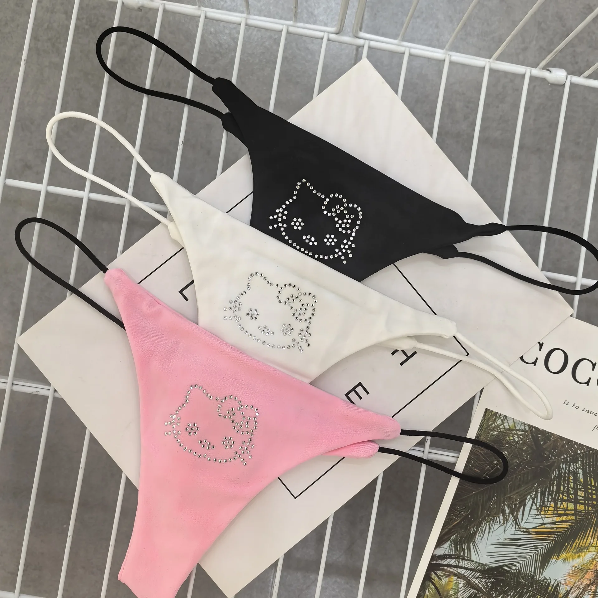 2026 Shiny Rhinestone Y2K Hot Girl Double Thin Straps Low Waist Sexy T-back Cute Cat Rhinestone Printed Cosplay Anime Accessory
