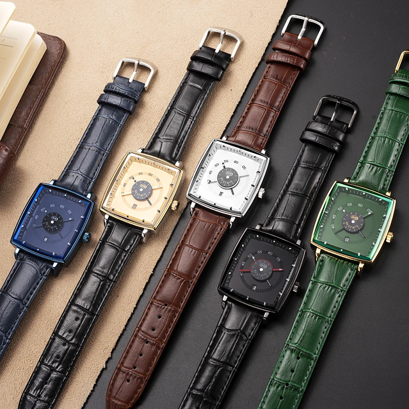 Luxury Men Watch Unusual Conceptual Dial Male Quartz Wristwatch Sports Black Leather Strap Band Reloj Man Square Rectangle Clock
