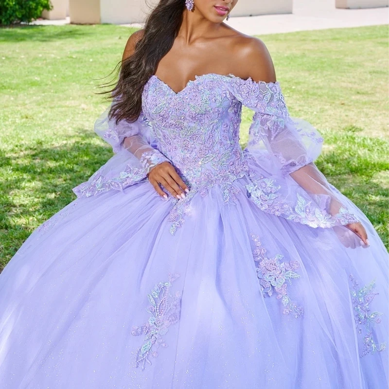 Sexy Off The Shoulder Quinceanera Dresses Long Sleeved Party Dress Appliques Lace Beads Tull Lace Up Court Train Ball Gown 2024