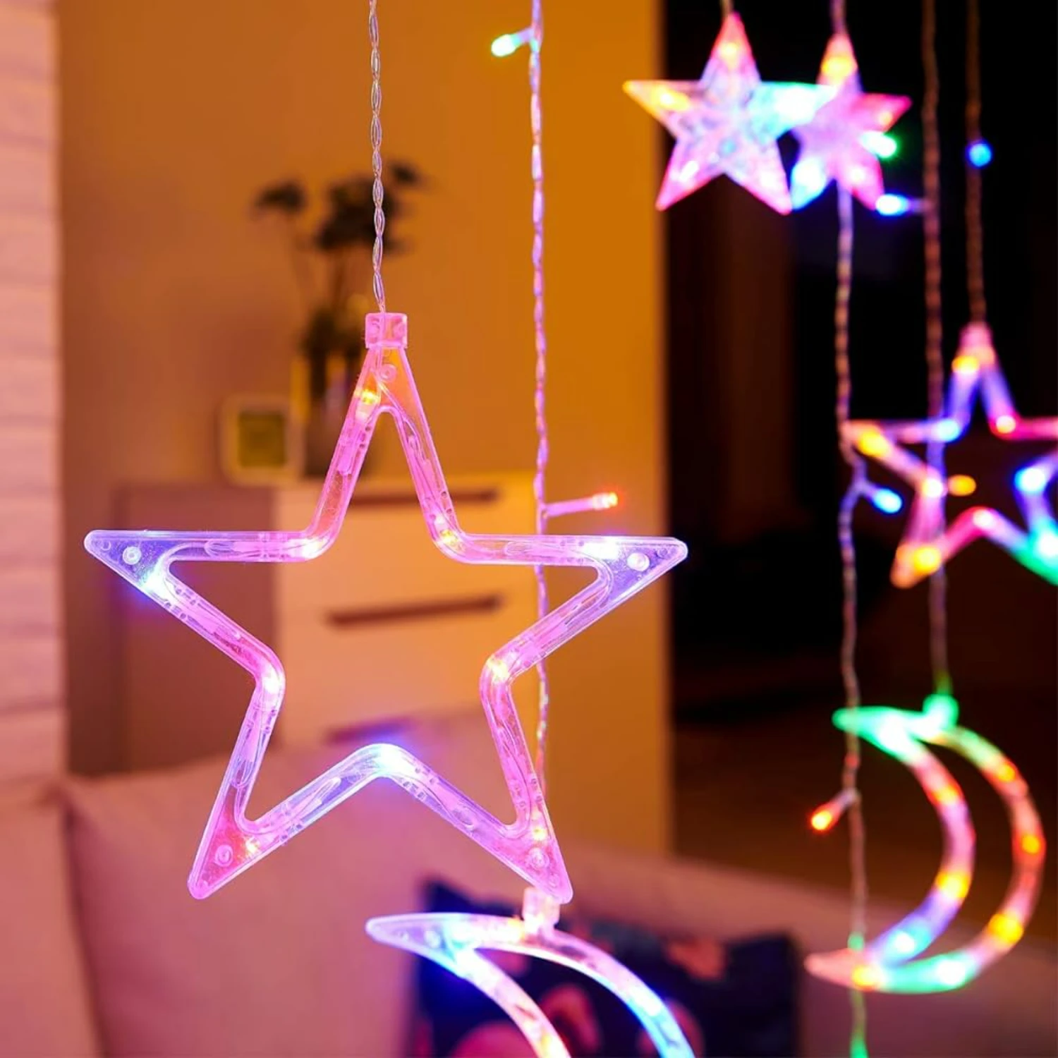 Shop Now for Gorgeous Moon and Stars LED Curtain String Lights with Remote Control - Perfect Night Light for Home and Party Deco