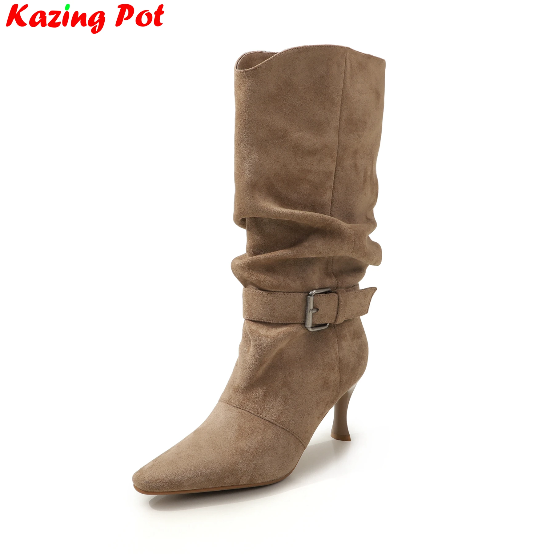 Flock High Heels Fashion Boots Warm Winter Shoes Pleated Belt Buckle Catwalk Dating Office Lady Concise Ins Women Mid-calf Boots