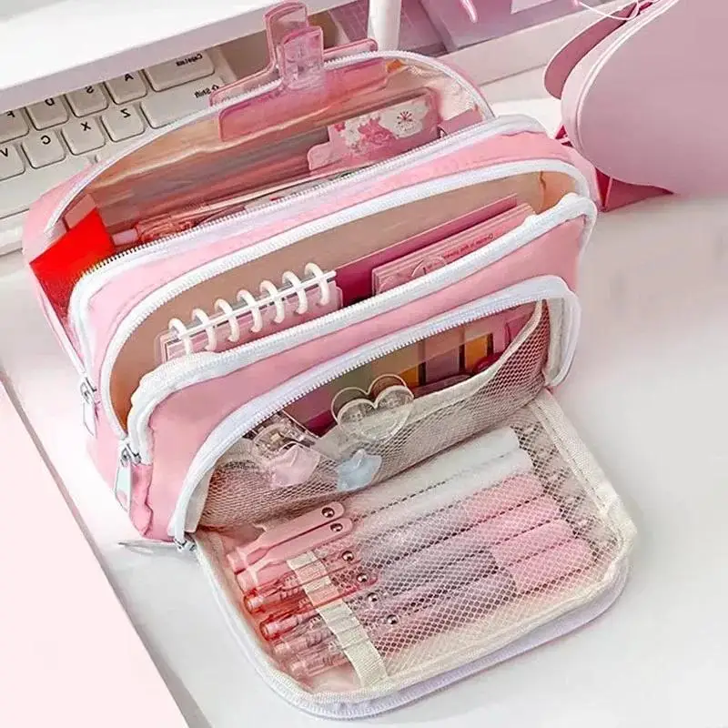 Portable Large Capacity Aesthetic Pencil Bag and School Case Pen Holder Cute Zipper Pouch for Girls Stationery Simple Style