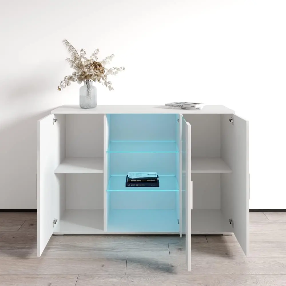 Modern 3D Ular Sideboard with 3 Doors & LED Lights - Durable Wood Table for Living Room or Dining Area, Up to 47 - White