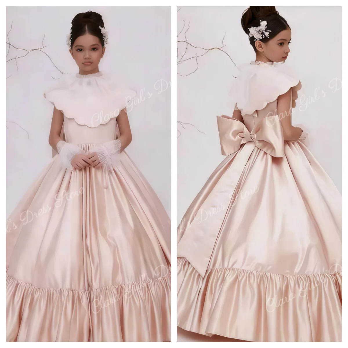 Classic High Neck Pleat Short Sleeve A Line Long Ball Wedding Party Flower Girl Dress First Communion Gown