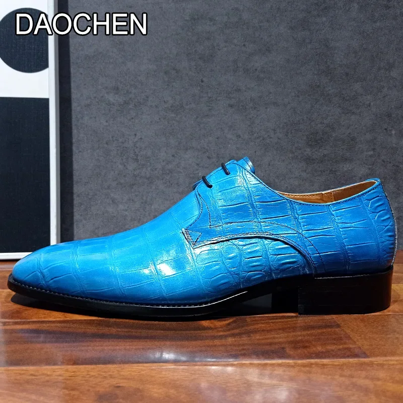 ITALIAN MEN LEATHER SHOES BLACK SKY BLUE CASUAL MENS DRESS SHOES CROCODILE PATTERN OFFICE WEDDING DERBY SHOES FOR MEN