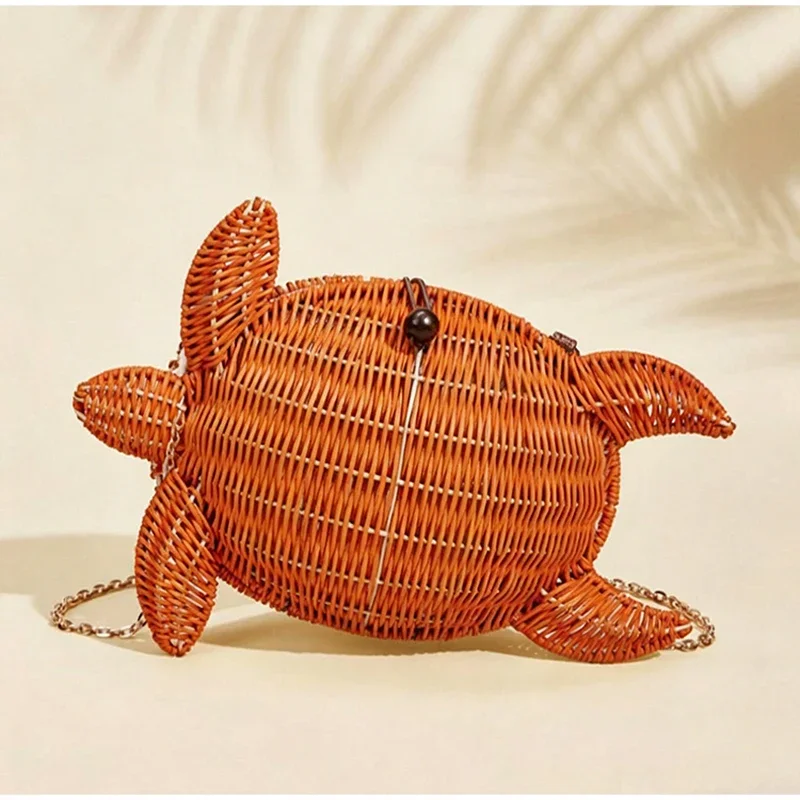 Schildkrötenförmige Rattan-Gewebte Umhängetasche mit Kettenriemen, Handgefertigte Stroh-Strandtasche, Damen Sommer-Abendtasche – Detail 18