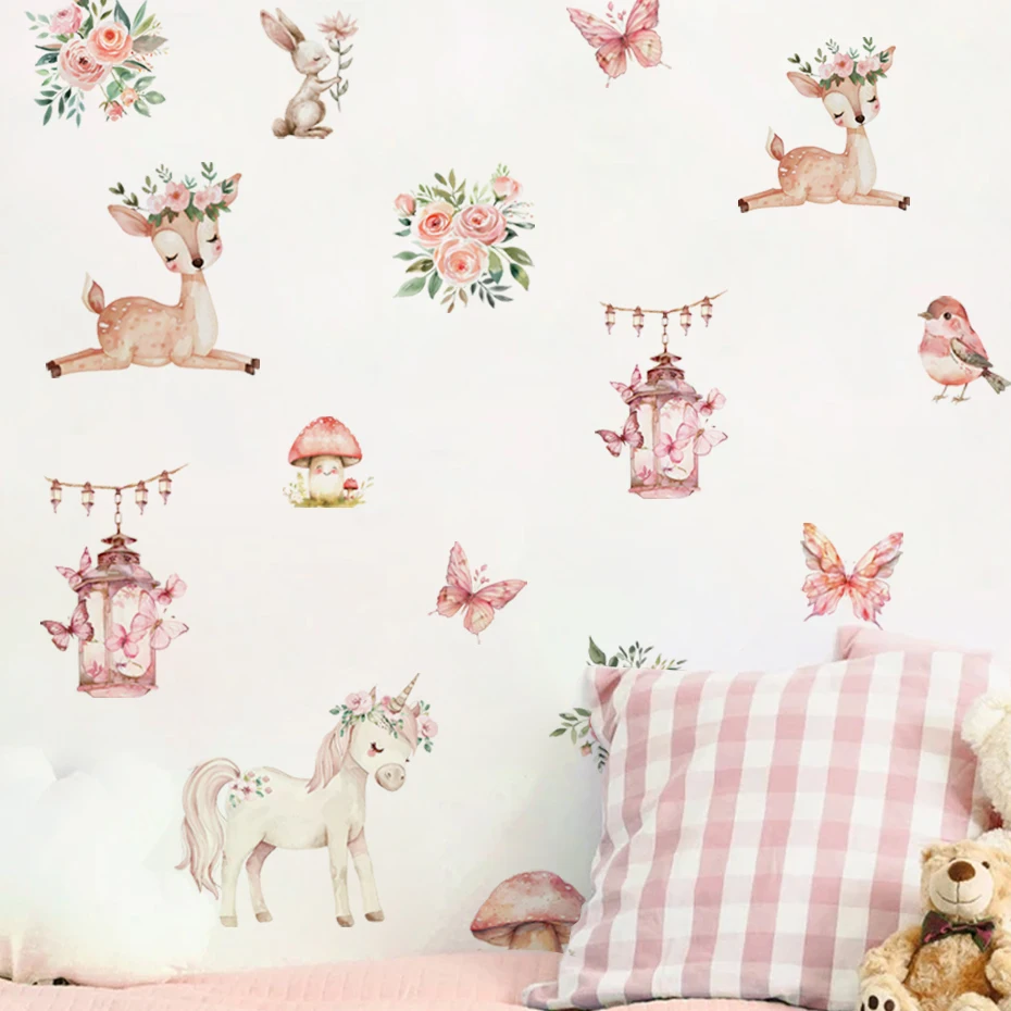 Cartoon Beautiful Deer House Wall Stickers for Kids Room Baby Girls Nursery Room Art Decals Cute Elves Stickers