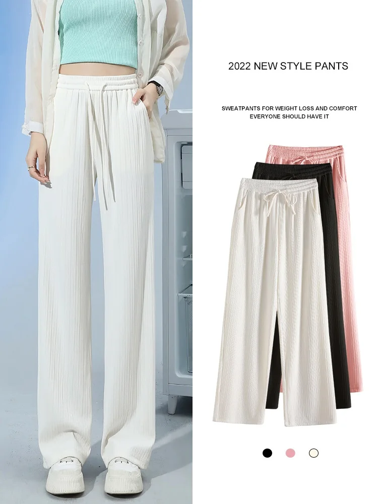 Women Straight Wide Leg Summer Pants Casual Pink Black White High Waist Ice Silk Slacks Y2K Harajuku Korean Fashion Trousers