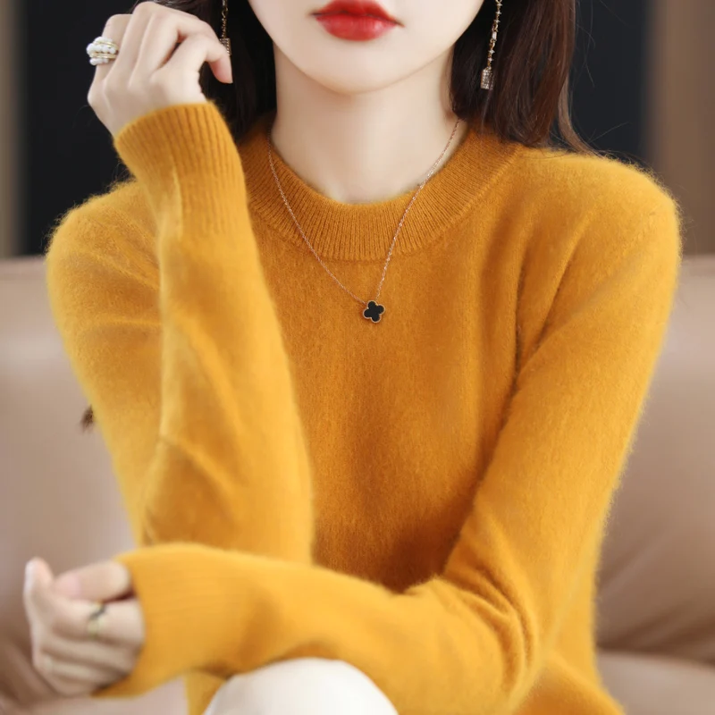 Autumn and Winter New Women's 100% Mink Cashmere Sweater O-Neck Knitted Pullover Casual Loose Large Basic Fashion Top