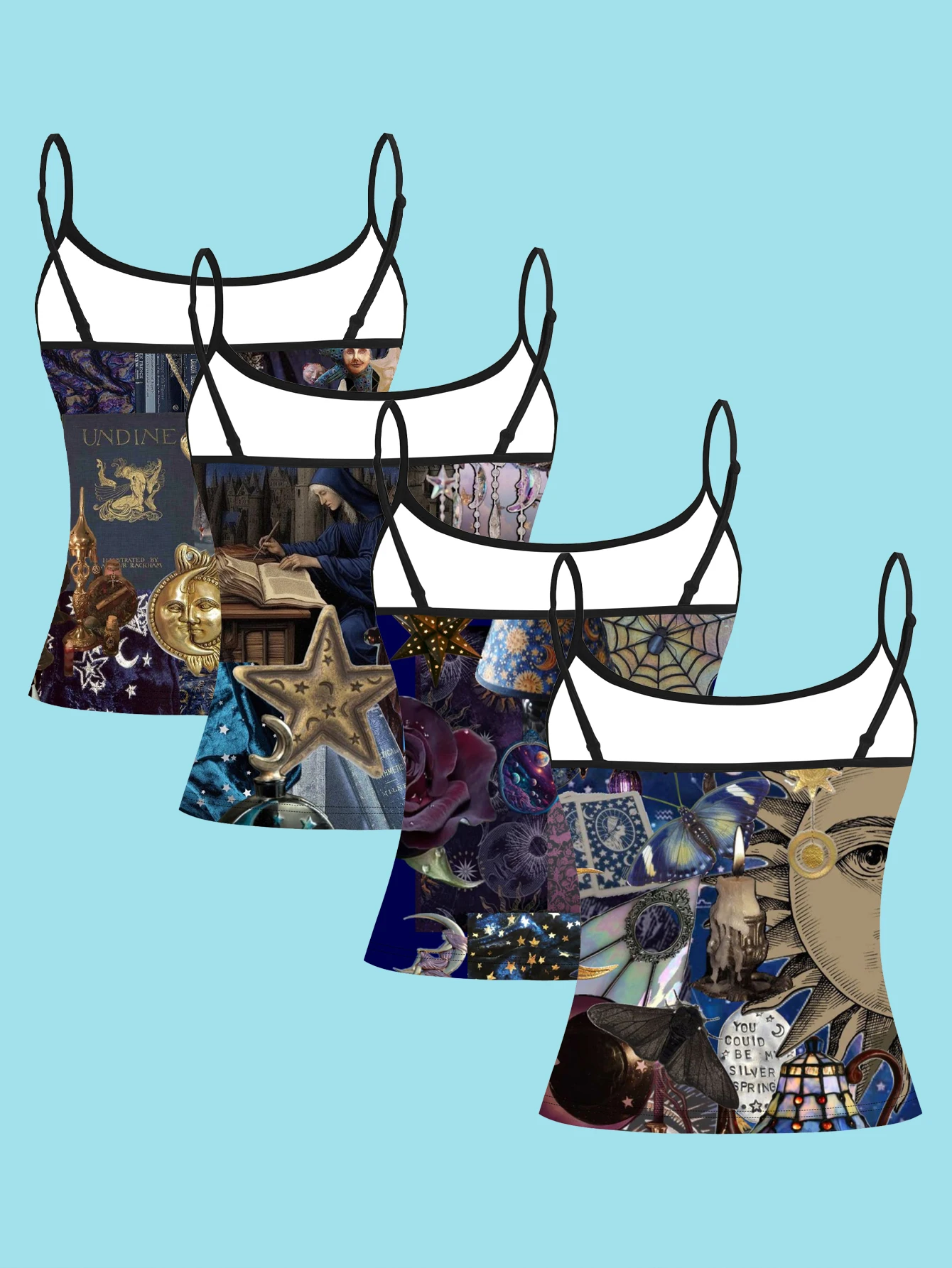 4-Piece Set of Dark Magic Gothic Collage Print Camisoles, Witch Castle Moon Black Cat Tarot Spaghetti Strap Sleeveless Tops, Vintage Mysterious Style Slim Fit Inner and Outer Wear Vest Set