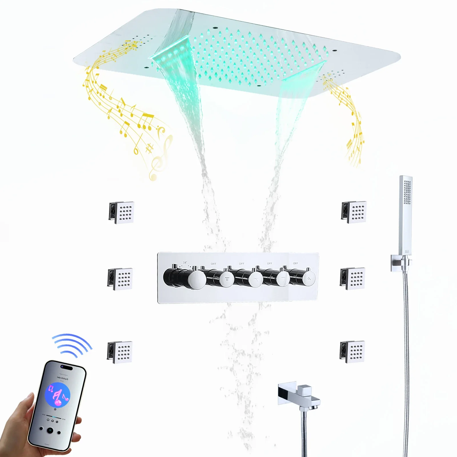 Music LED Head Shower System 23*15 Inch Rain And Waterfall Thermostatic Bath & Shower Sets For Bathroom