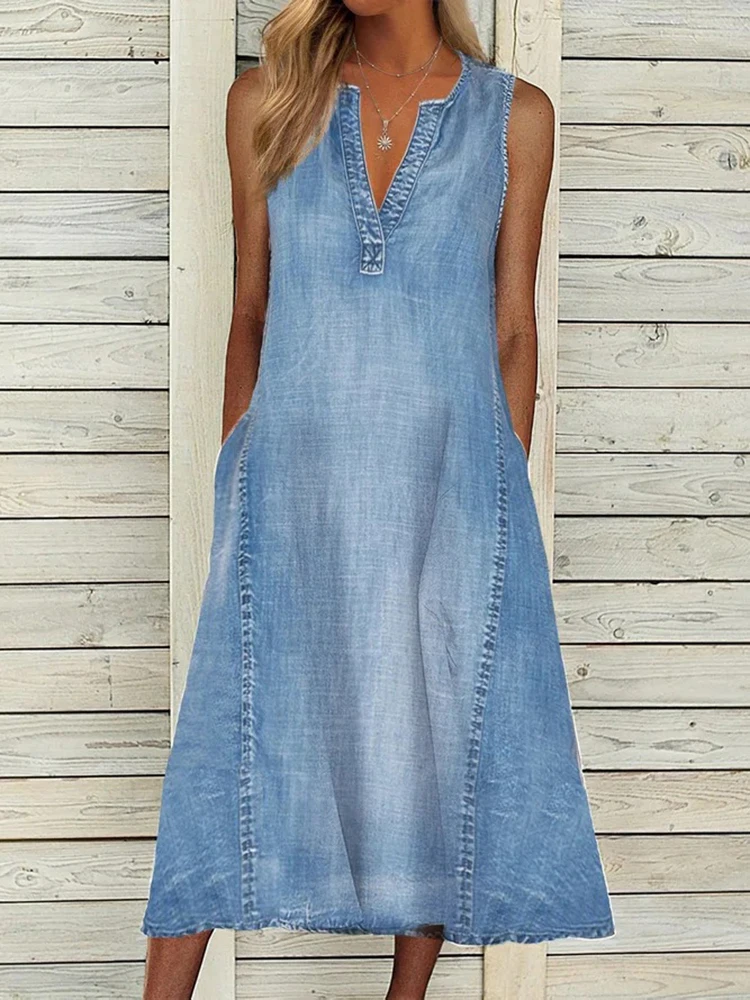 Summer Sleeveless A-line Dress Women Sexy V-neck Blue Denim Loose Midi Dress Pockets Casual Beach Long Dresses 2023