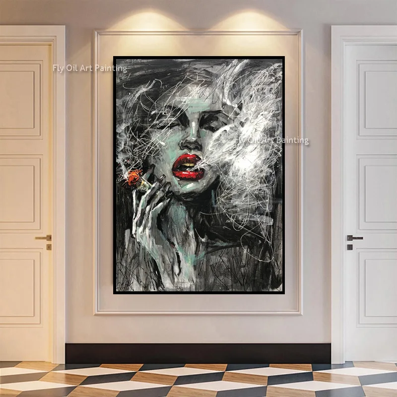 Abstract Woman Portrait Hand Made Oil Painting Bold Red Lips Female Figure Canvas Grunge Textured Wall Art For Bedroom Decor