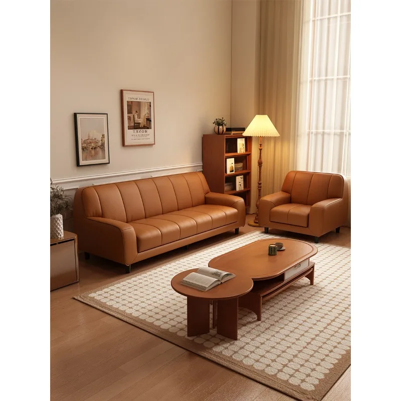 Home Double small apartment leather sofa living room retro style three-person first-layer cowhide sofa straight row