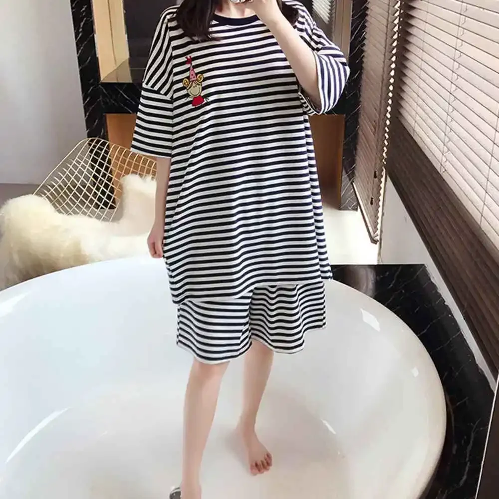 Plus Size 5XL 150kg Casual Loose Pajamas for Women Short Sleeve Striped Pijamas Set Womens Sleepwear Ladies Set Pyjama A71