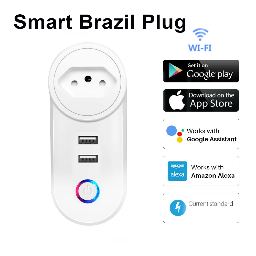 

Беспроводная умная вилка BR Wi-Fi Бразилия Розетка 16A TUYA с 2 USB-портами для зарядки Робота с Alexa Google Home