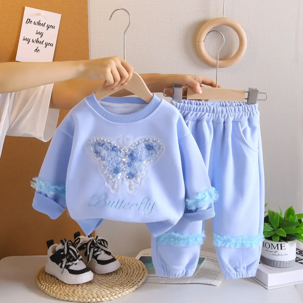 Baby Girl Clothes Sets 2025 Autumn Cotton Butterfly Ruffle Suit New Kids Pearl Trim Sweatshirt Tops+Pants 2Pcs Outfits 1-6Y