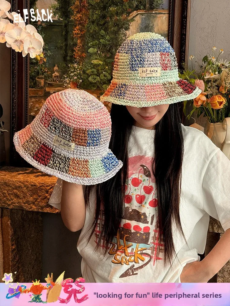 カラフルな手編み麦わら帽子-ビーチバケーションスタイル-サンシェードキャップ-by-elf-sa-2026新作-夏-カジュアル-ユニセックス-ショートブリム-フィッシャーマンハット