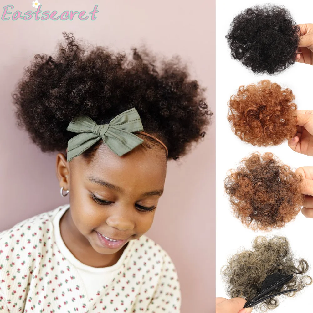 

Synthetic Afro Puff Hair Bun with Clips For Kids Short Kinky Bun for Little Girls Clip On Ponytail Extension Curly Hairpiece