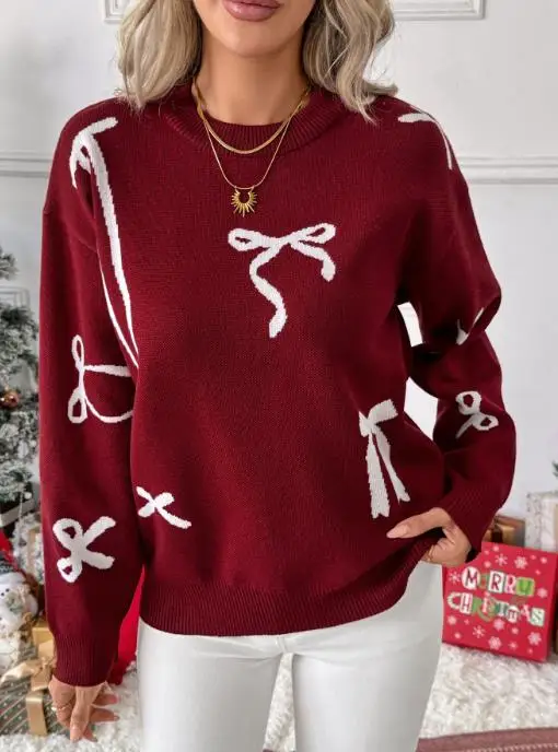 سترة المرأة 2025 جديد الخريف/الشتاء عيد الميلاد الحلو الرياح الجولة الرقبة فراشة عقدة سترة جاكار للنساء