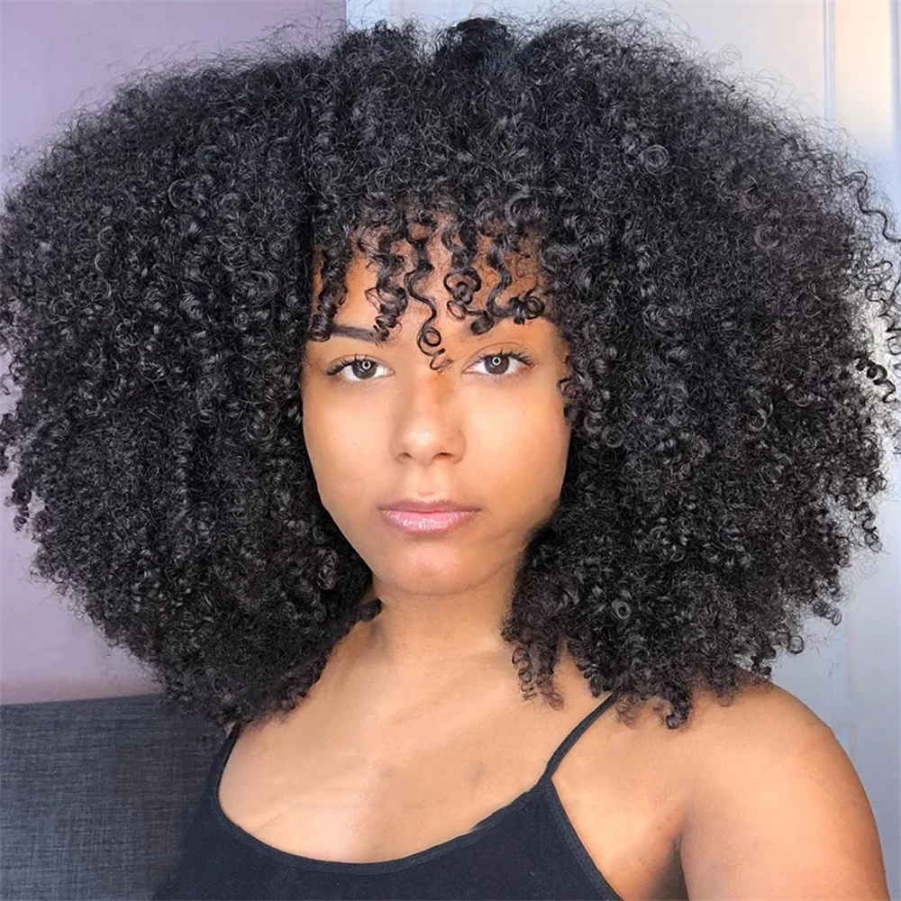 Afro Kinky Curly Human Hair Wigs With Bangs For Black Women 100% Human Hair Wig Tanie malezyjskie peruki z włosów ludzkich wykonane maszynowo