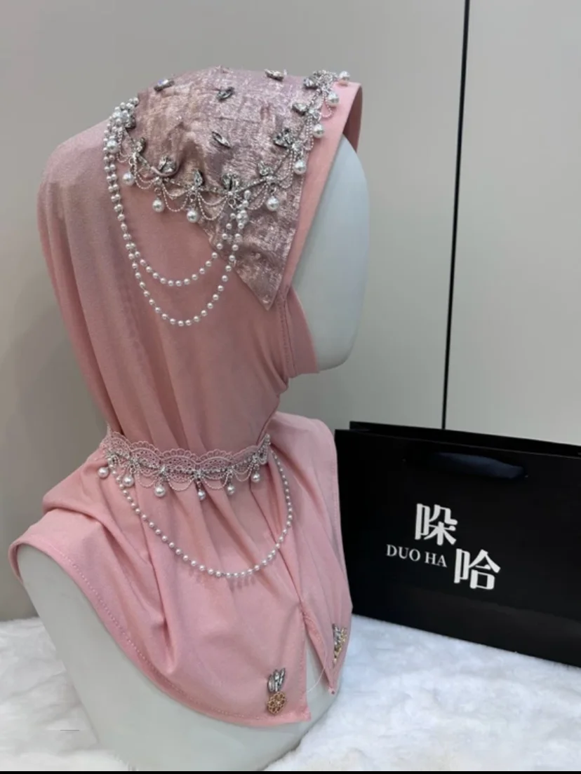 Hijab instantáneo con cuentas de diamantes de imitación, sombrero de lujo para boda, fiesta de novia