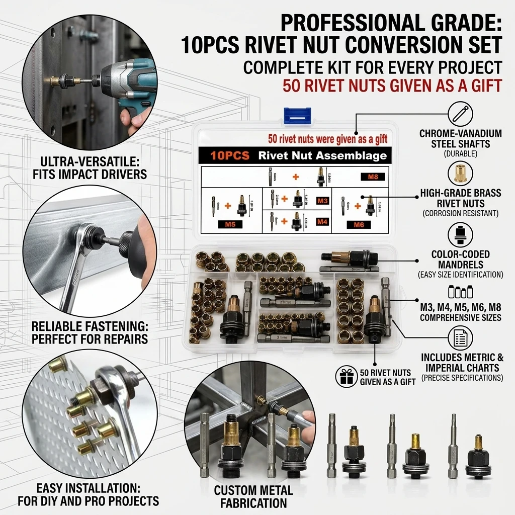 60PCS Head Rivet Nut Tool M3 M4 M5 M6 M8 Rivnut Kit Carbon Steel Rivnut Set Threaded Rivet Nut Kit Manual Riveter Rivnuts Tool