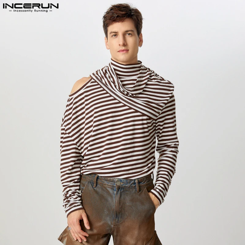 INCERUN 2024 Men's Hot Sale Tops Fashionable Swing Neck Hollow Striped T-shirt Casual City Walk Male Long Sleeved Camiseta S-5XL