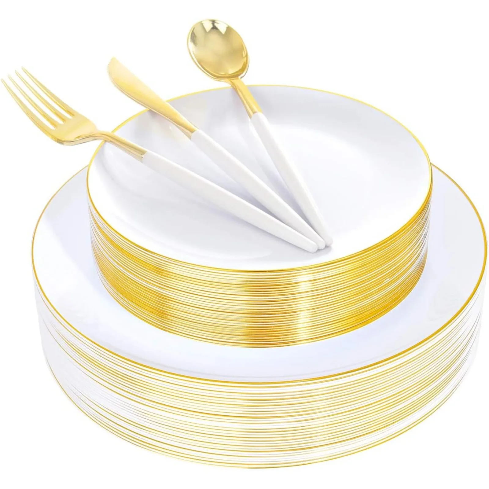 

US 150pcs White and Gold Plastic Plates,Gold Plastic Silverware,Gold Plastic Dinnerware Set Includes 60 Gold Plates,30