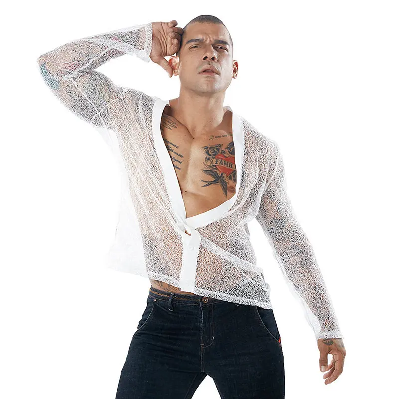Male Senior Handsome Sexi Mesh Semi Sheer Shirts Tops Men Deep V Long Sleeve Date Home Blouse Party Nightclub Mature Desire Tees